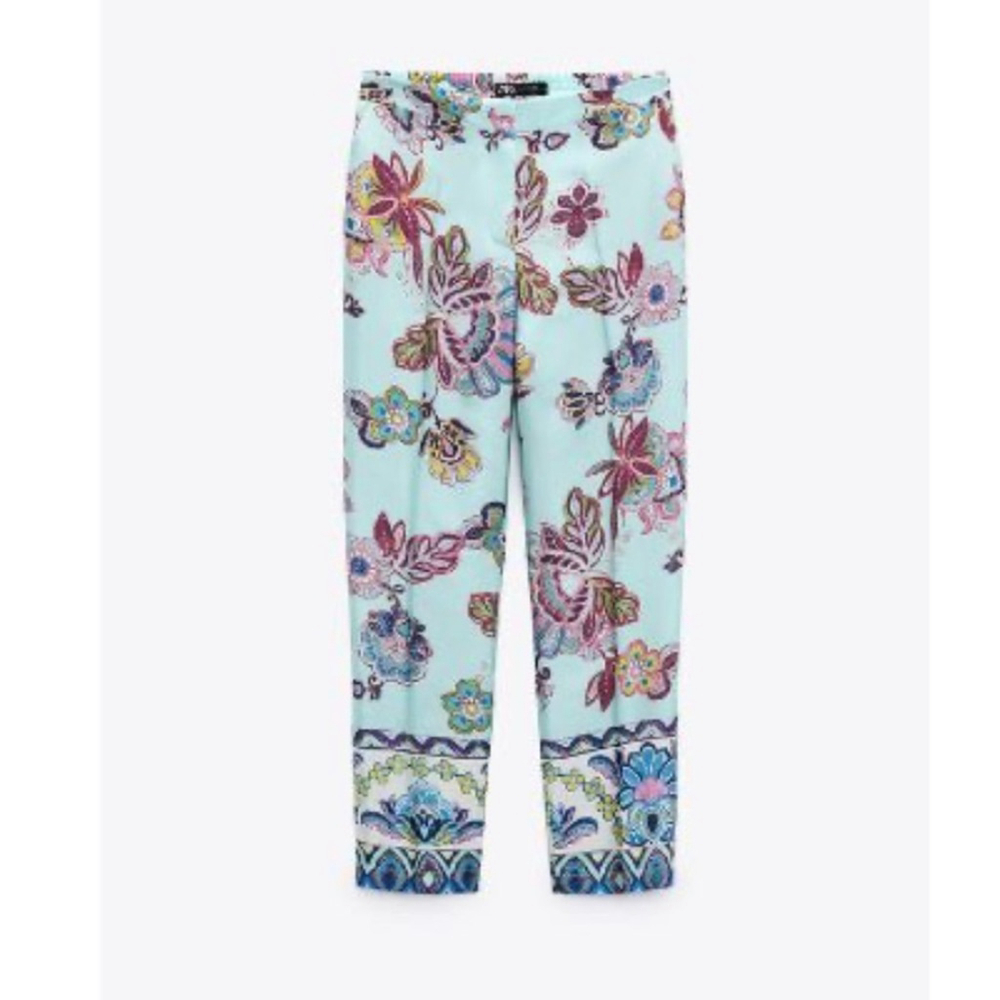 ZARA Blue print cropped-leg trousers, Floral Print Women's Pants - Picture 3 of 9